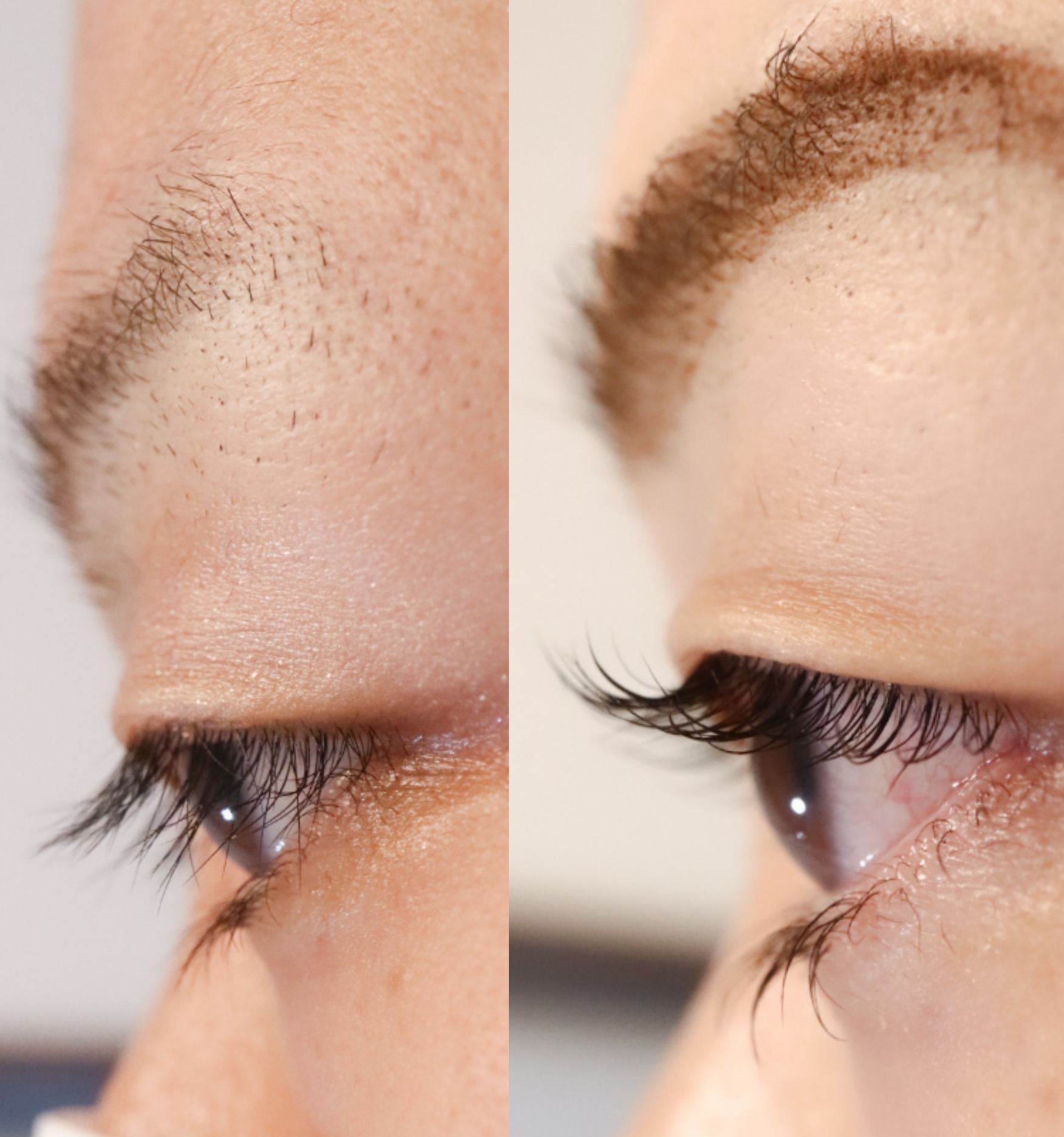 短いまつげがまつげカールで自然に上向きになったビフォーアフター写真。(松本市のまつげサロン)