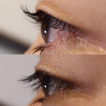 一重まぶたのお客様がまつげカールで自然に上向いた目元になり、明るい印象に変化した施術後の写真。