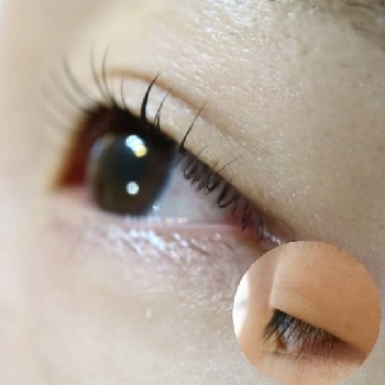 一重まぶたのお客様に施術したまつげカールの仕上がり写真。根元から立ち上げ、毛先に優しいカールをつけた自然なデザイン。