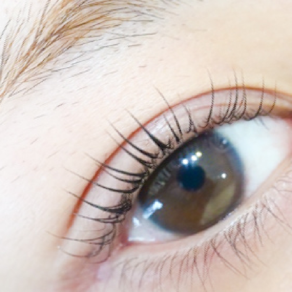 30代後半の女性のまつげカール。根元は自然に立ち上がり、毛先にやわらかい丸みがあり、派手にならず顔全体に馴染んでいる。